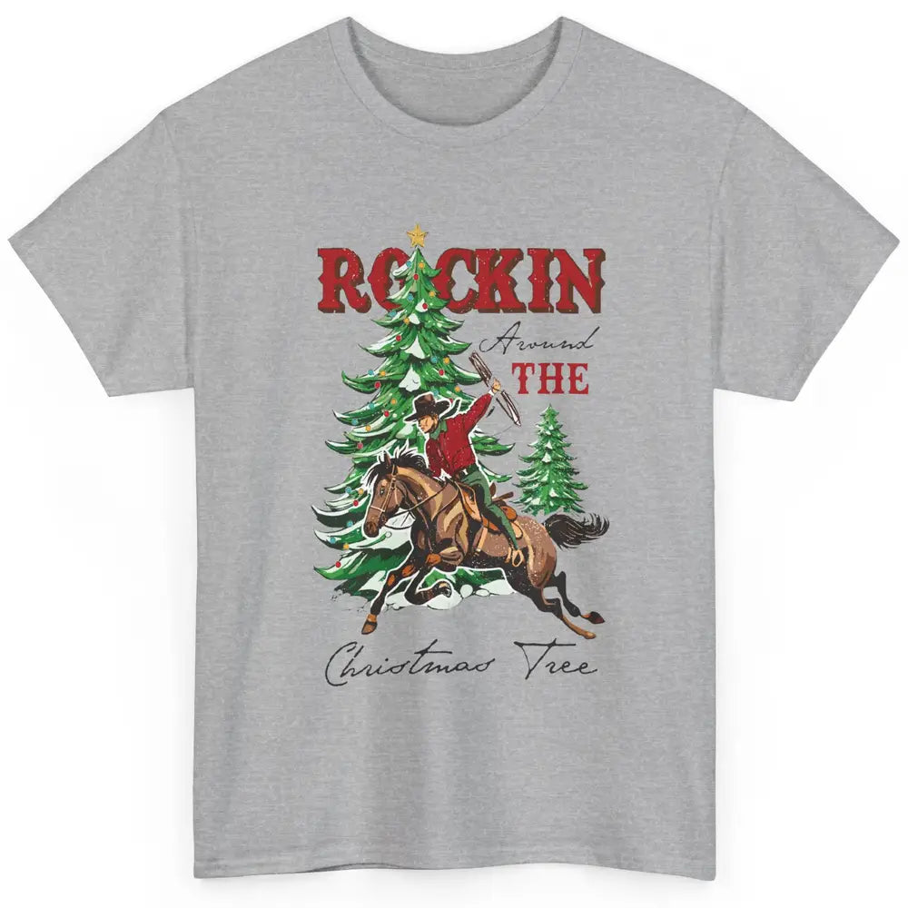Retro Horsing Cowboy Rocking Around Christmas Tree Western Classic Unisex T-Shirt