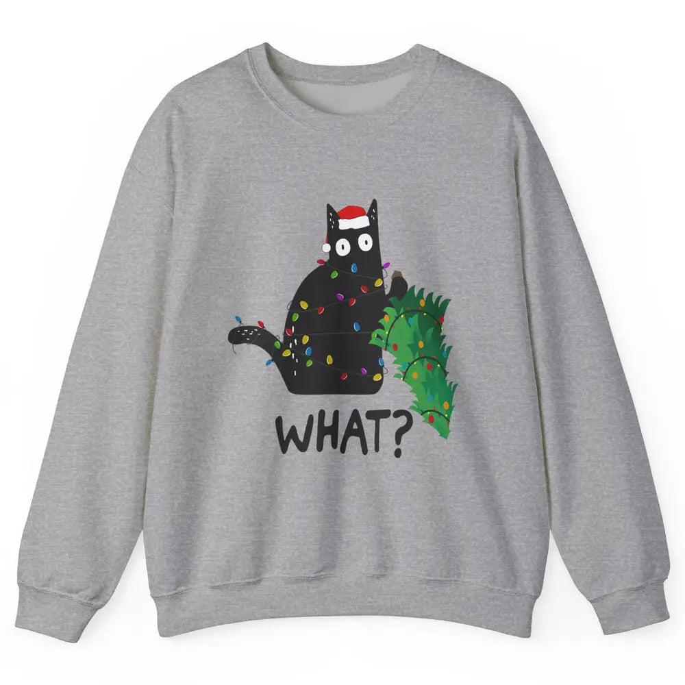 Black Cat Pushing Christmas Tree What Xmas Lights Santa Hat Unisex Crewneck Sweatshirt