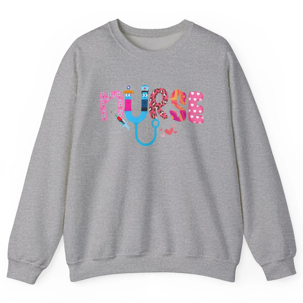 Nurse Happy Valentine's Day Love ER ICU NICU Emergency Nursing Leopard Stethoscope Love Needles Unisex Crewneck Sweatshirt