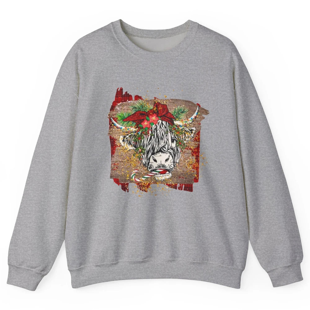 Christmas Highland Cow Bandana Western Christmas Cow Plaid Unisex Crewneck Sweatshirt