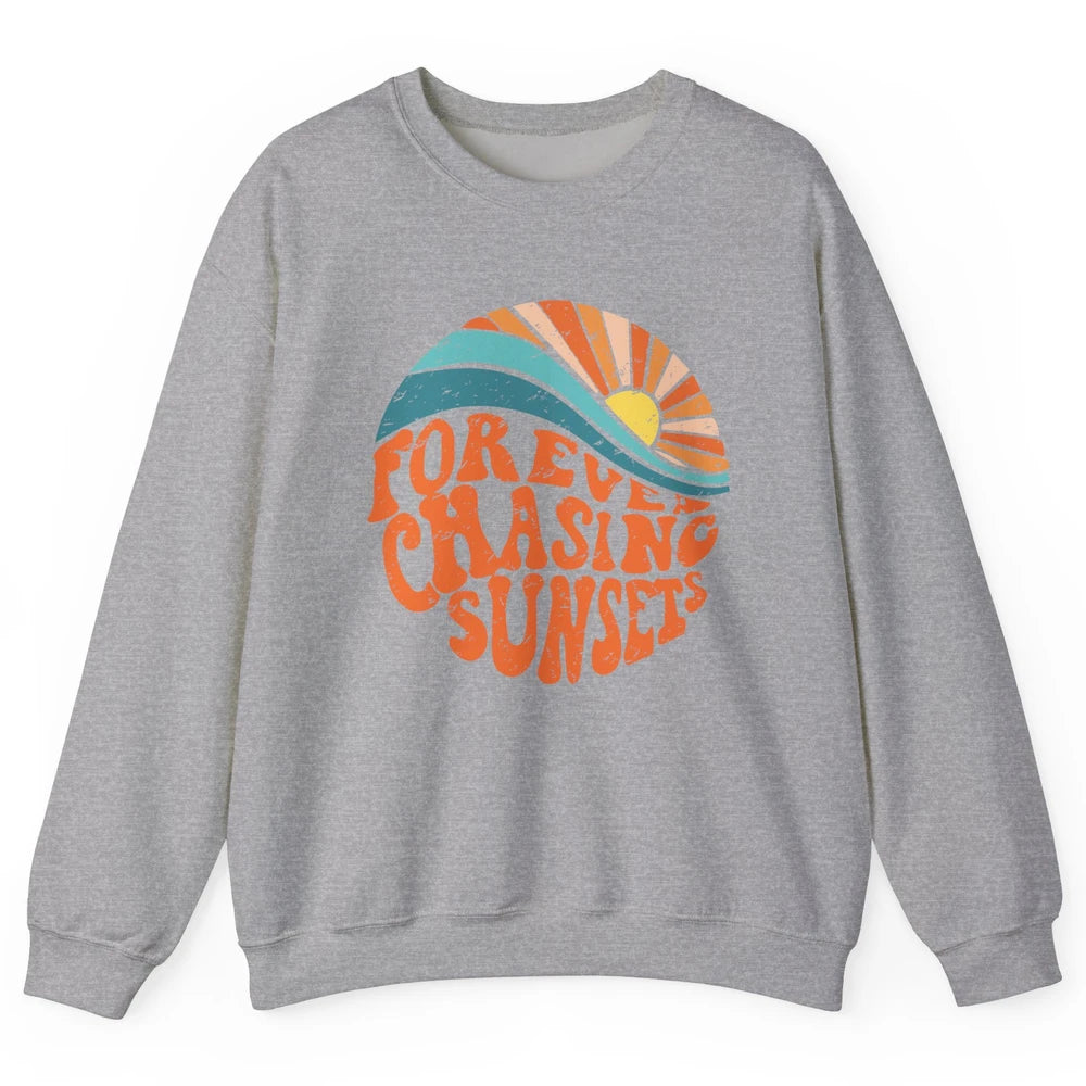 Retro Rainbow Forever Chasing Sunset Hippie Girl Peace Lover Unisex Crewneck Sweatshirt
