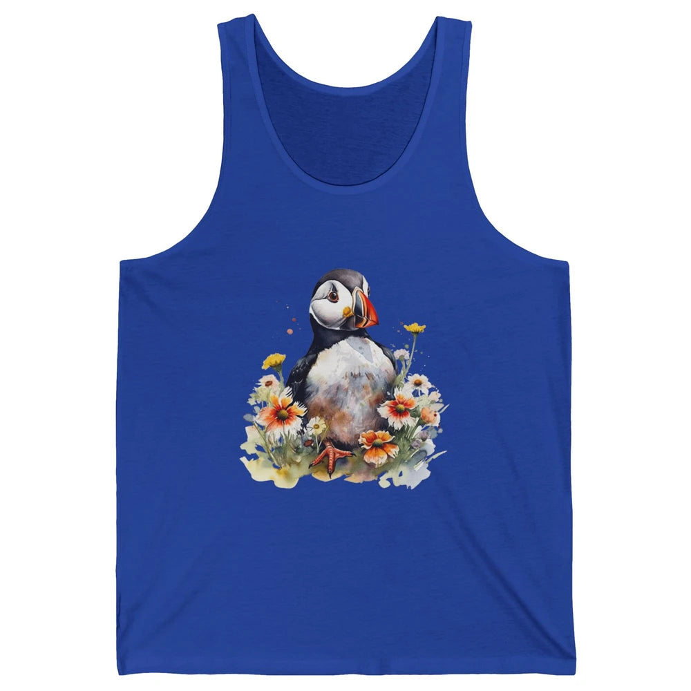 Funny Watercolor Penguin Colorful Wildflowers Field Animal Unisex Jersey Tank