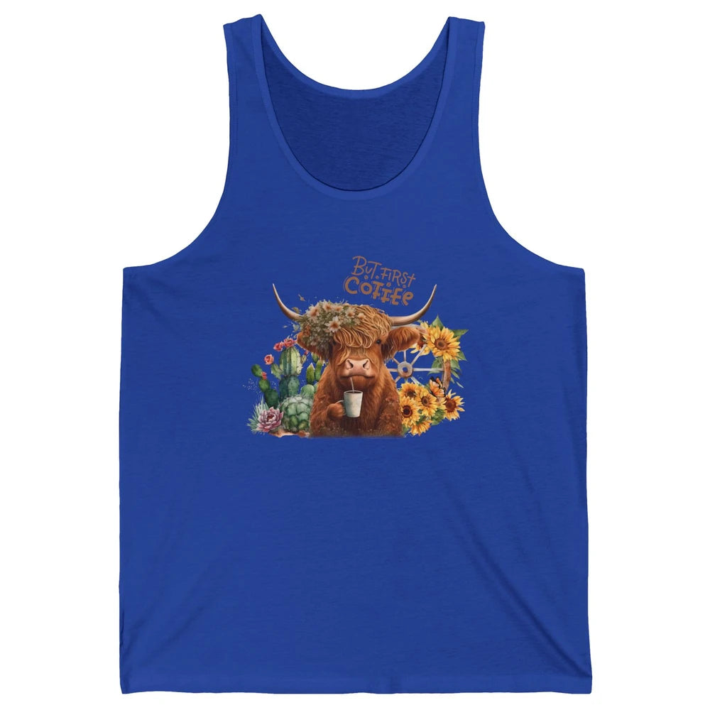 Desert Highland Cow But First Coffee Western Country Animal Unisex Jersey Tank