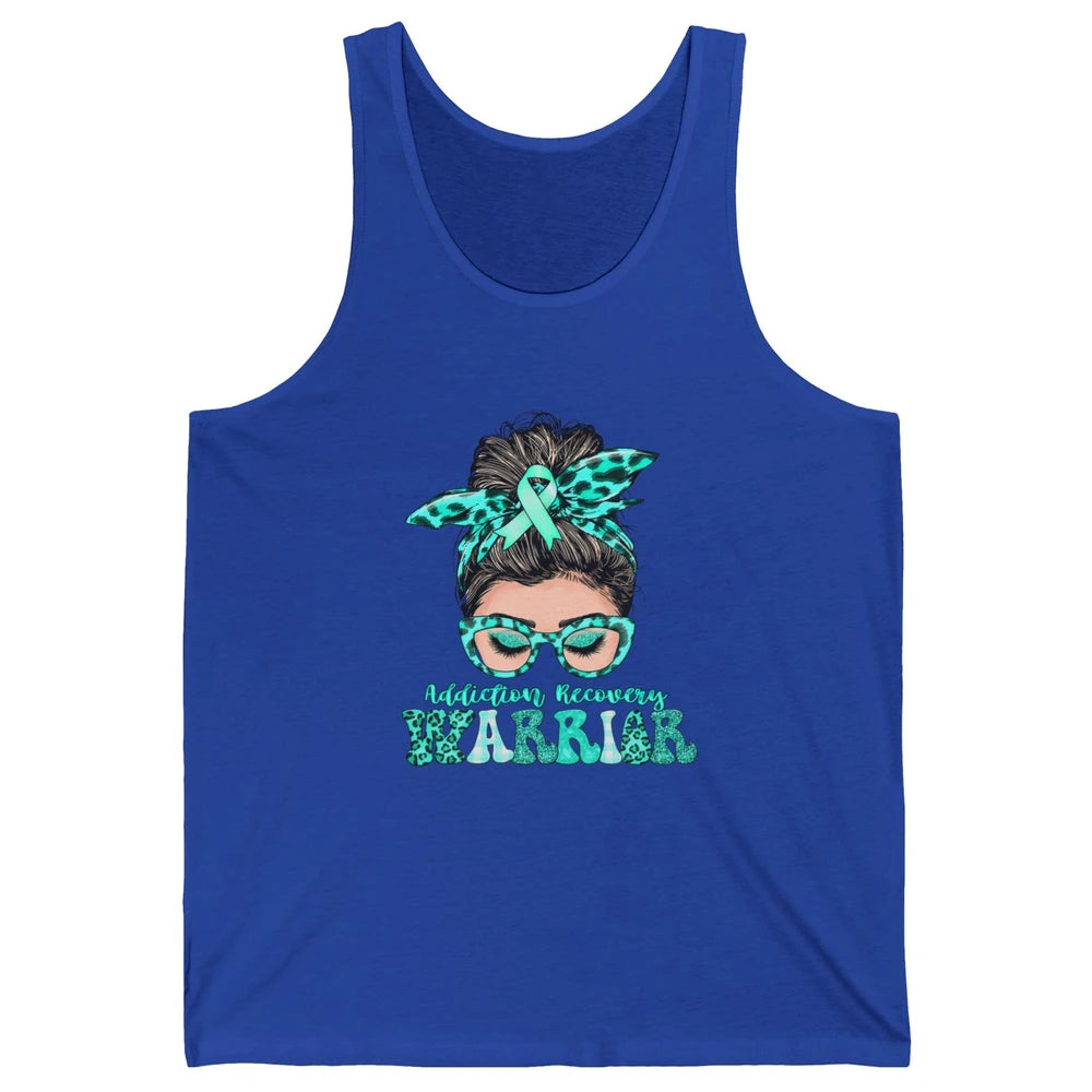 Addiction Recovery Awareness Warrior Leopard Messy Hair Bun Unisex Jersey Tank