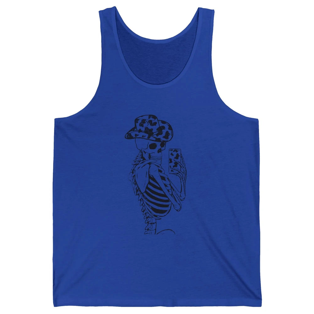 Funny Skeleton Cowgirl Selfie Cow Print Cowboy Hat Western Unisex Jersey Tank