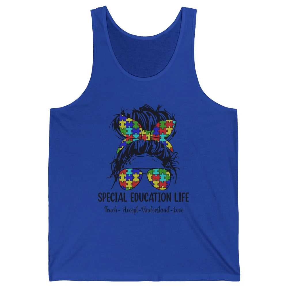 Special Education Teacher Messy Bun Autism Teach Accept Love Unisex Jersey Tank