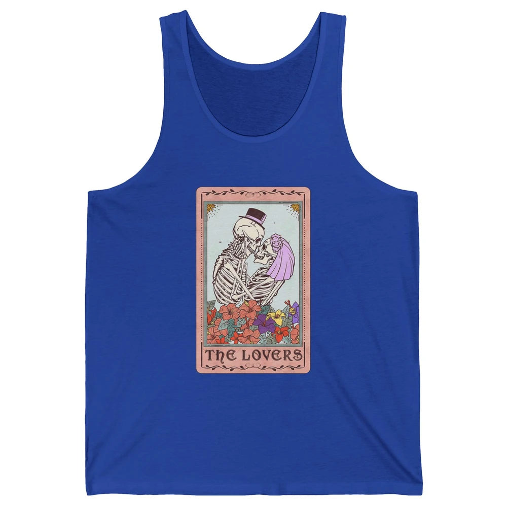 The Lovers Funny Skeleton Couple Tarot Card Vintage Valentine Astrology Goth Skull Lover Floral Heart Unisex Jersey Tank