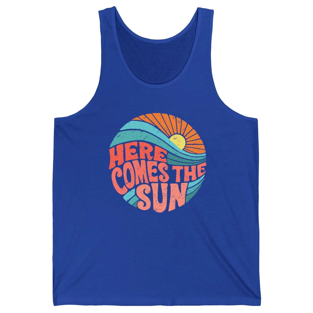 Retro Rainbow Sunrise Here Comes The Sun Hippie Girl Unisex Jersey Tank
