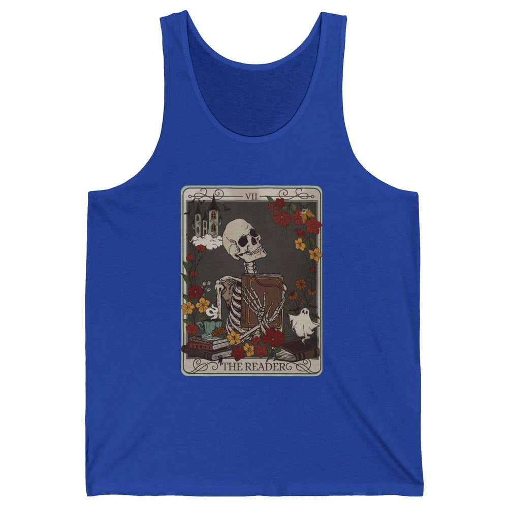 Retro Skeleton Reading Books The Reader Tarot Card Halloween Unisex Jersey Tank