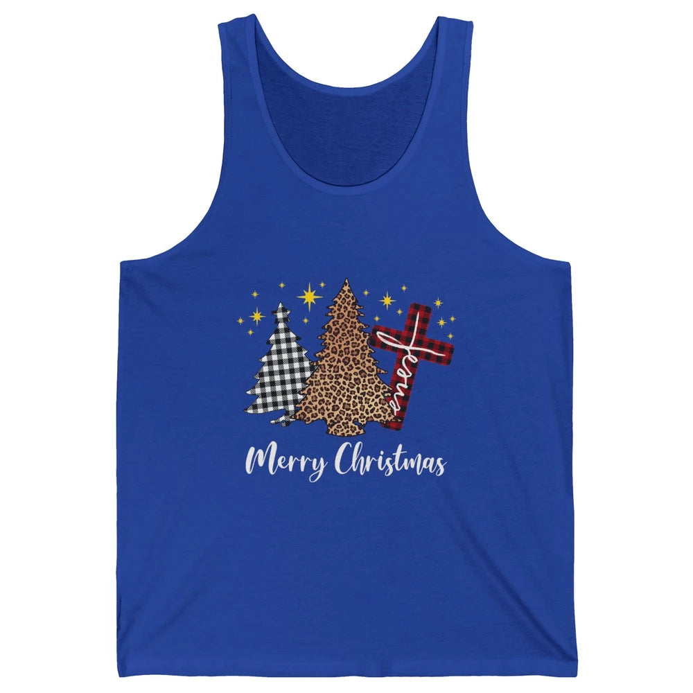 Merry Christmas Xmas Tree Cross Red Plaid Christian Leopard Unisex Jersey Tank