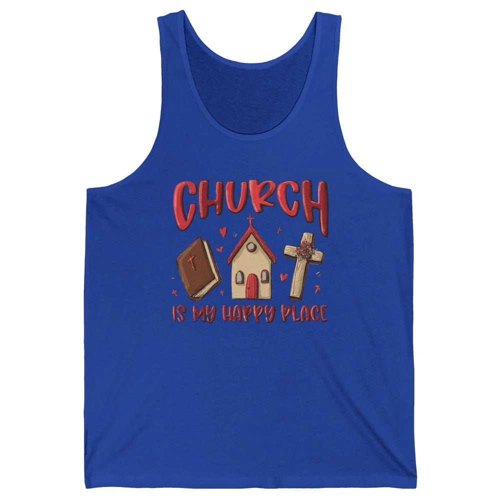 Retro Christmas Church Is My Happy Place Christian Hand Draw Unisex Jersey Tank