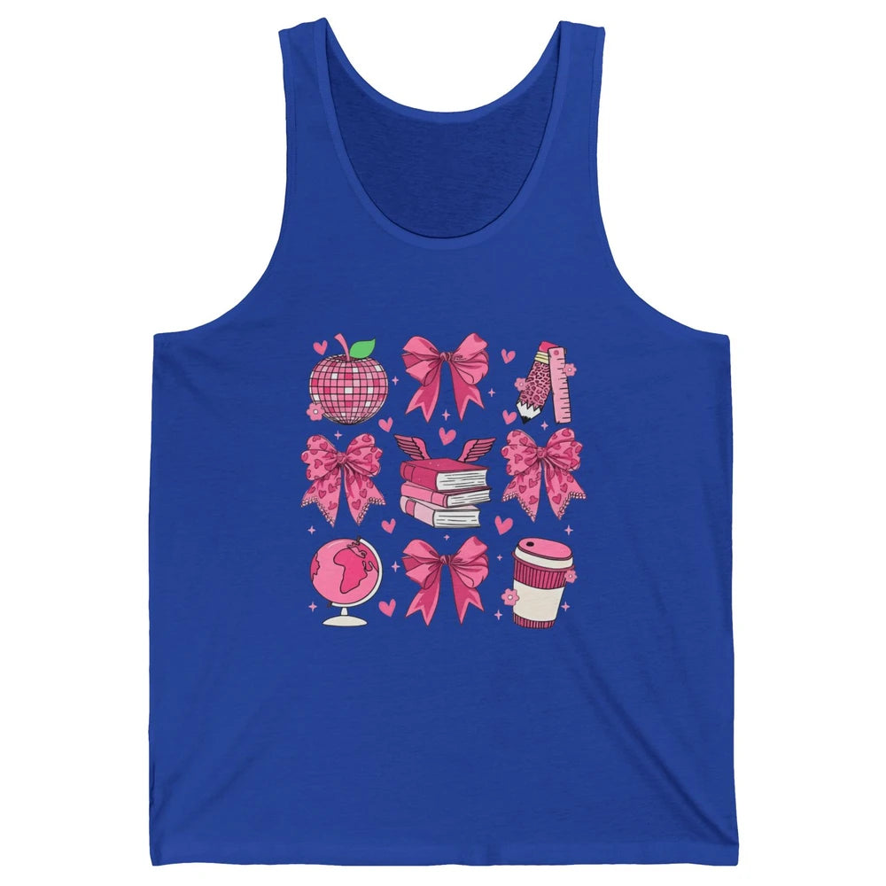Cute Set Of Bows Coquette Coffee Apple Pink Valentine's Day Love Leopard Heart Back To School Latte Book Teacher Students Unisex Jersey Tank