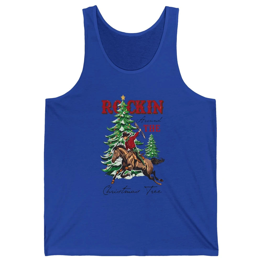 Retro Horsing Cowboy Rocking Around Christmas Tree Western Unisex Jersey Tank