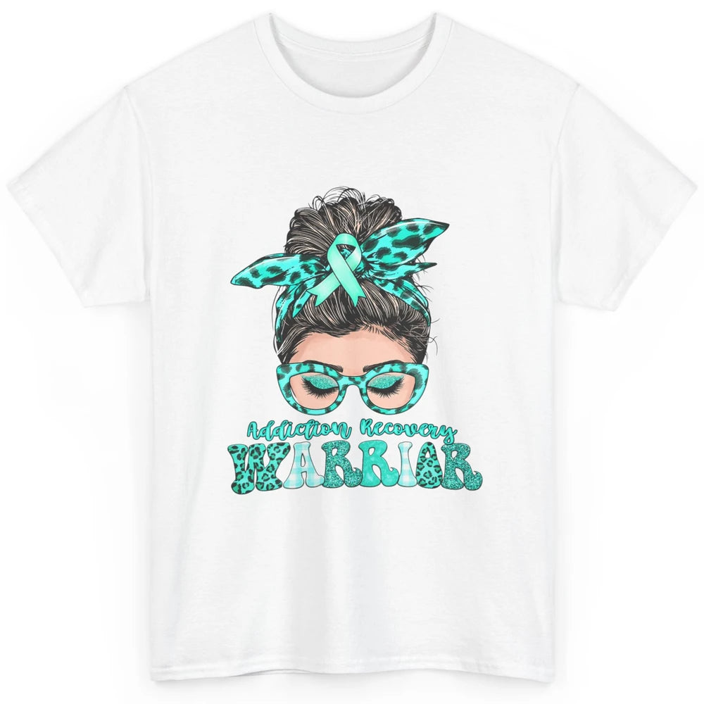 Addiction Recovery Awareness Warrior Leopard Messy Hair Bun Classic Unisex T-Shirt