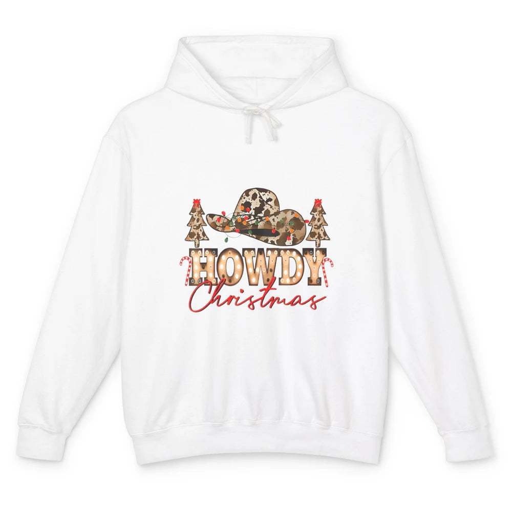 Merry Christmas Howdy Xmas Pine Trees Leopard Cowboy Hat Unisex Lightweight Hoodie