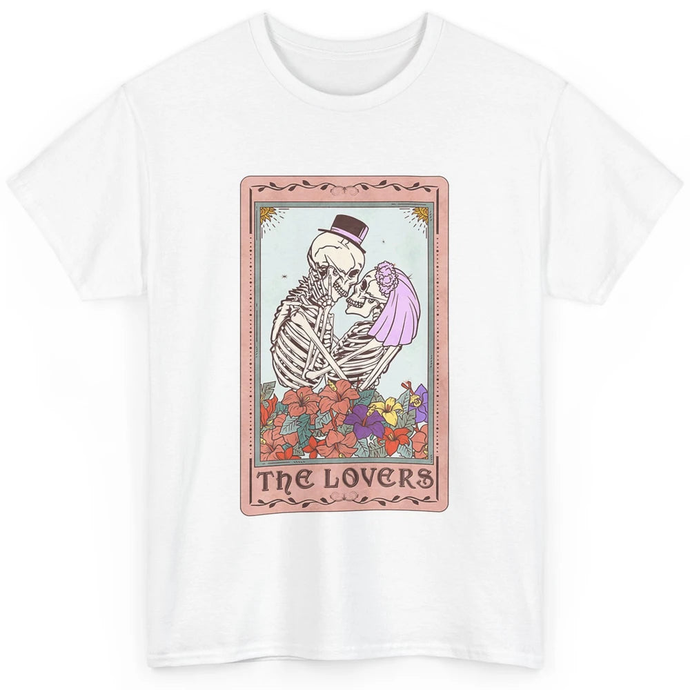 The Lovers Funny Skeleton Couple Tarot Card Vintage Valentine Astrology Goth Skull Lover Floral Heart Classic Unisex T-Shirt