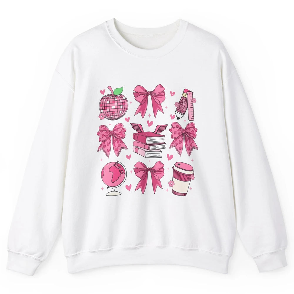 Cute Set Of Bows Coquette Coffee Apple Pink Valentine's Day Love Leopard Heart Back To School Latte Book Teacher Students Unisex Crewneck Sweatshirt