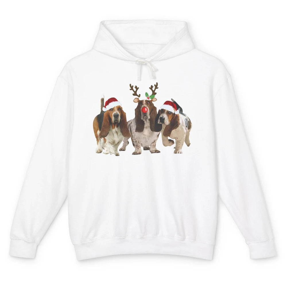 Basset Hound Santa Hats And Reindeer Horns Christmas Dog Mom Unisex Lightweight Hoodie