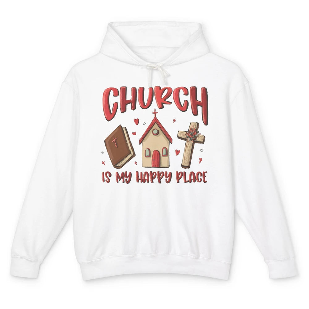 Retro Christmas Church Is My Happy Place Christian Hand Draw Unisex Lightweight Hoodie