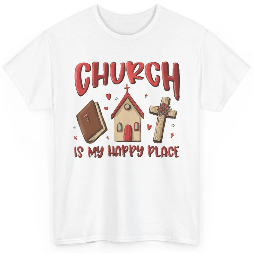 Retro Christmas Church Is My Happy Place Christian Hand Draw Classic Unisex T-Shirt