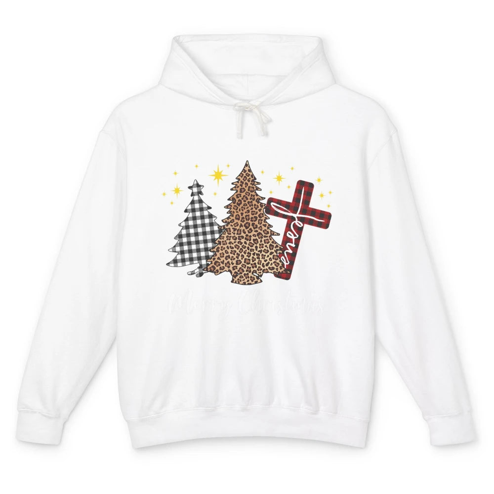 Merry Christmas Xmas Tree Cross Red Plaid Christian Leopard Unisex Lightweight Hoodie