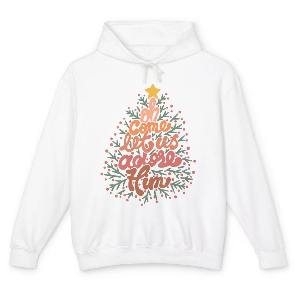 Retro Christmas Tree Oh Come Let Us Adore Him Groovy Xmas Unisex Lightweight Hoodie