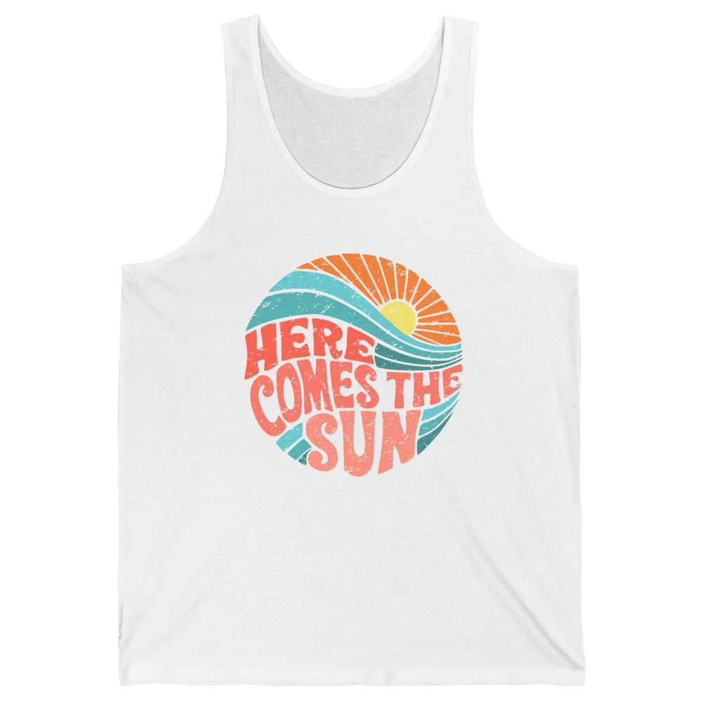 Retro Rainbow Sunrise Here Comes The Sun Hippie Girl Unisex Jersey Tank