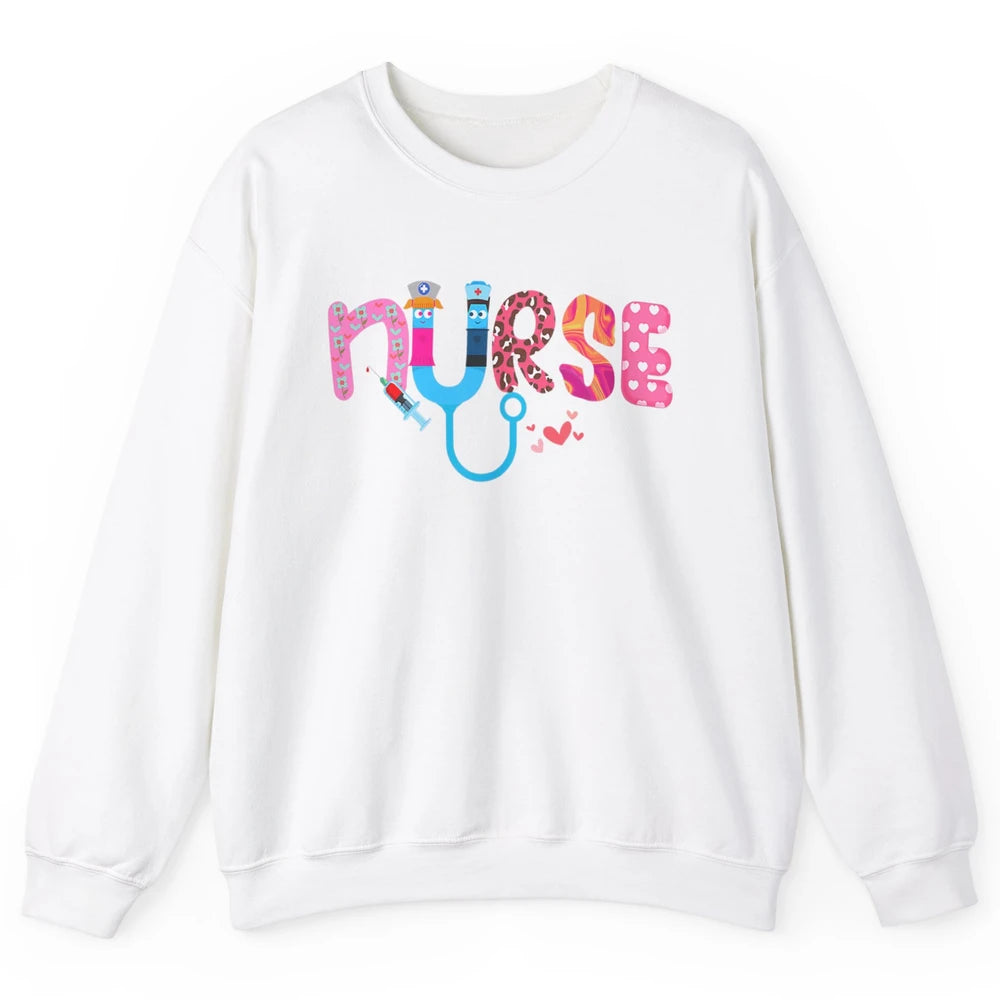 Nurse Happy Valentine's Day Love ER ICU NICU Emergency Nursing Leopard Stethoscope Love Needles Unisex Crewneck Sweatshirt