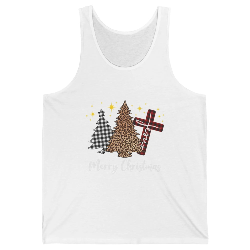 Merry Christmas Xmas Tree Cross Red Plaid Christian Leopard Unisex Jersey Tank