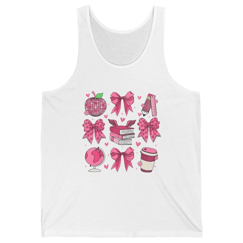 Cute Set Of Bows Coquette Coffee Apple Pink Valentine's Day Love Leopard Heart Back To School Latte Book Teacher Students Unisex Jersey Tank