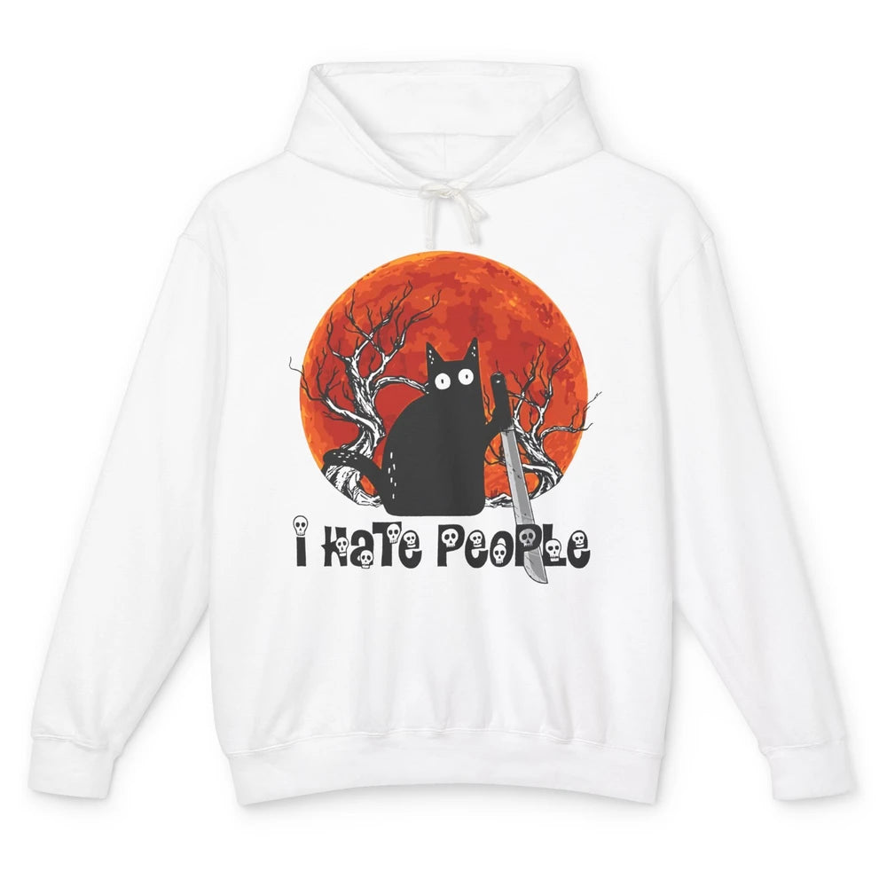 Black Cat Murderer I Hate People Pumpkin Halloween Costume Unisex Lightweight Hoodie