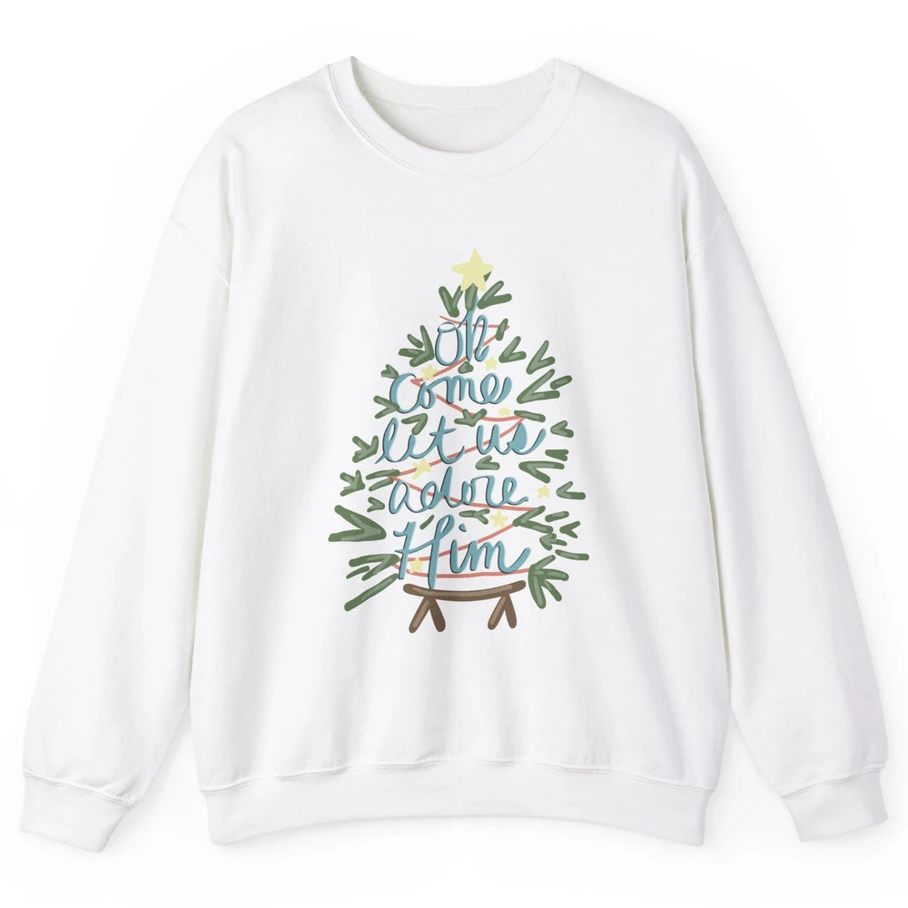 Retro Christmas Tree Oh Come Let Us Adore Him Groovy Xmas Unisex Crewneck Sweatshirt