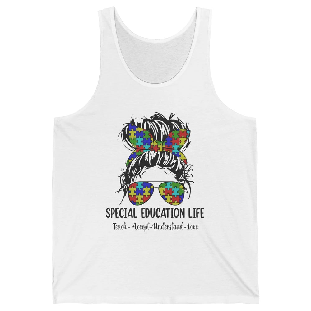 Special Education Teacher Messy Bun Autism Teach Accept Love Unisex Jersey Tank