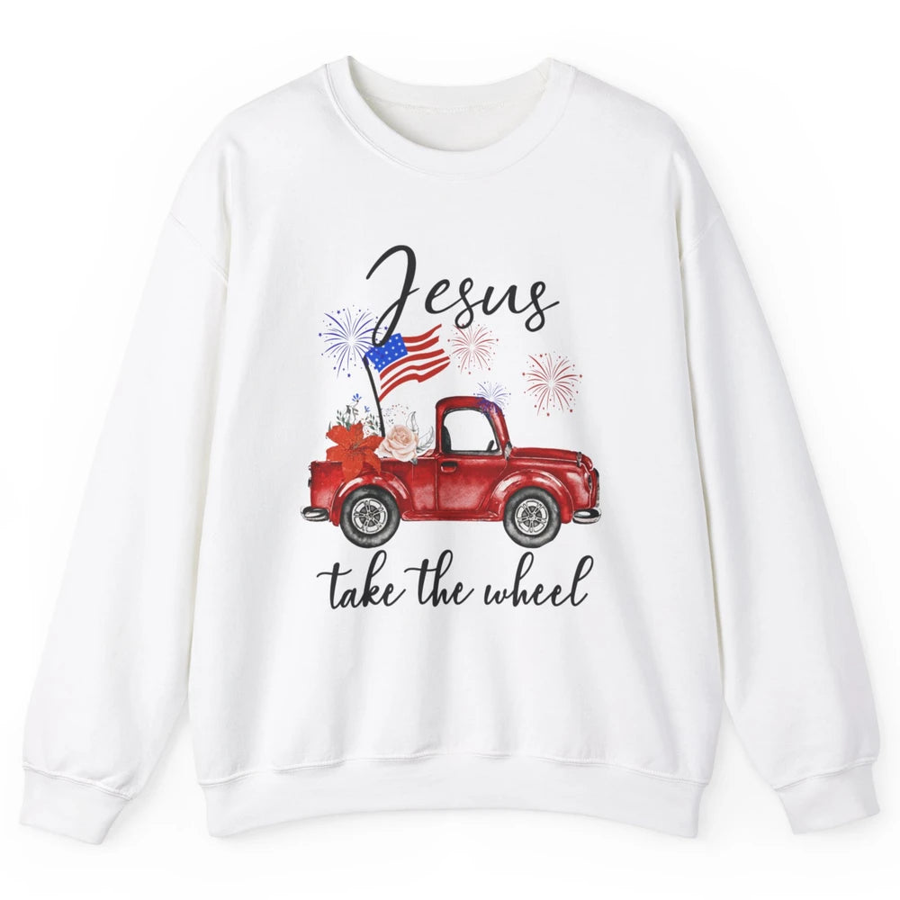 4th Of July Jesus Take The Wheel Red Truck Watercolor God Unisex Crewneck Sweatshirt