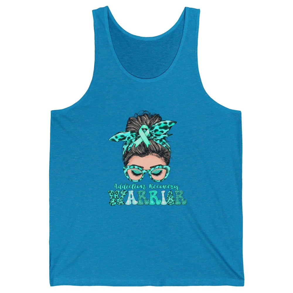 Addiction Recovery Awareness Warrior Leopard Messy Hair Bun Unisex Jersey Tank
