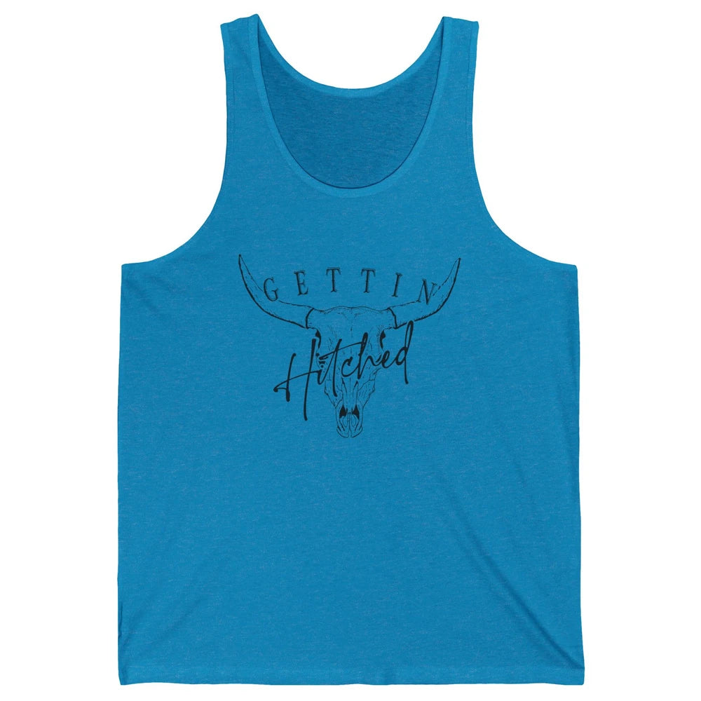 Getting Hitched Rowdy Cow Skull Western Bachelorette Bride Unisex Jersey Tank