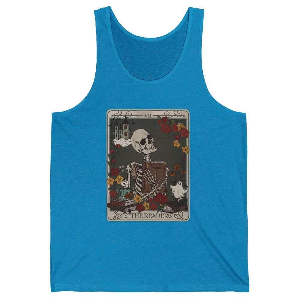 Retro Skeleton Reading Books The Reader Tarot Card Halloween Unisex Jersey Tank