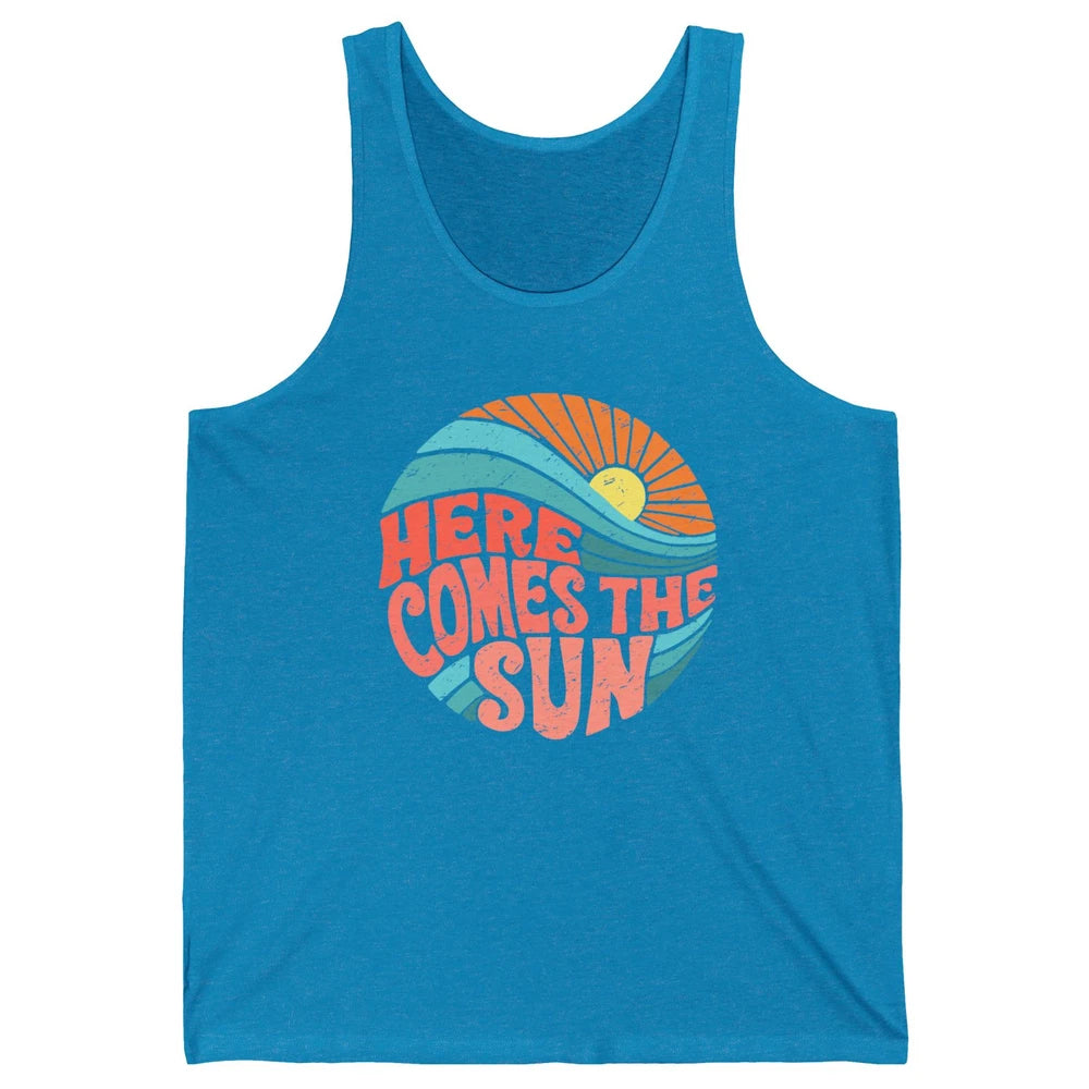 Retro Rainbow Sunrise Here Comes The Sun Hippie Girl Unisex Jersey Tank