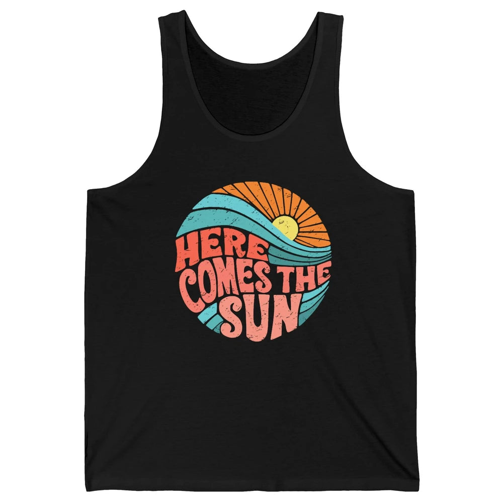 Retro Rainbow Sunrise Here Comes The Sun Hippie Girl Unisex Jersey Tank