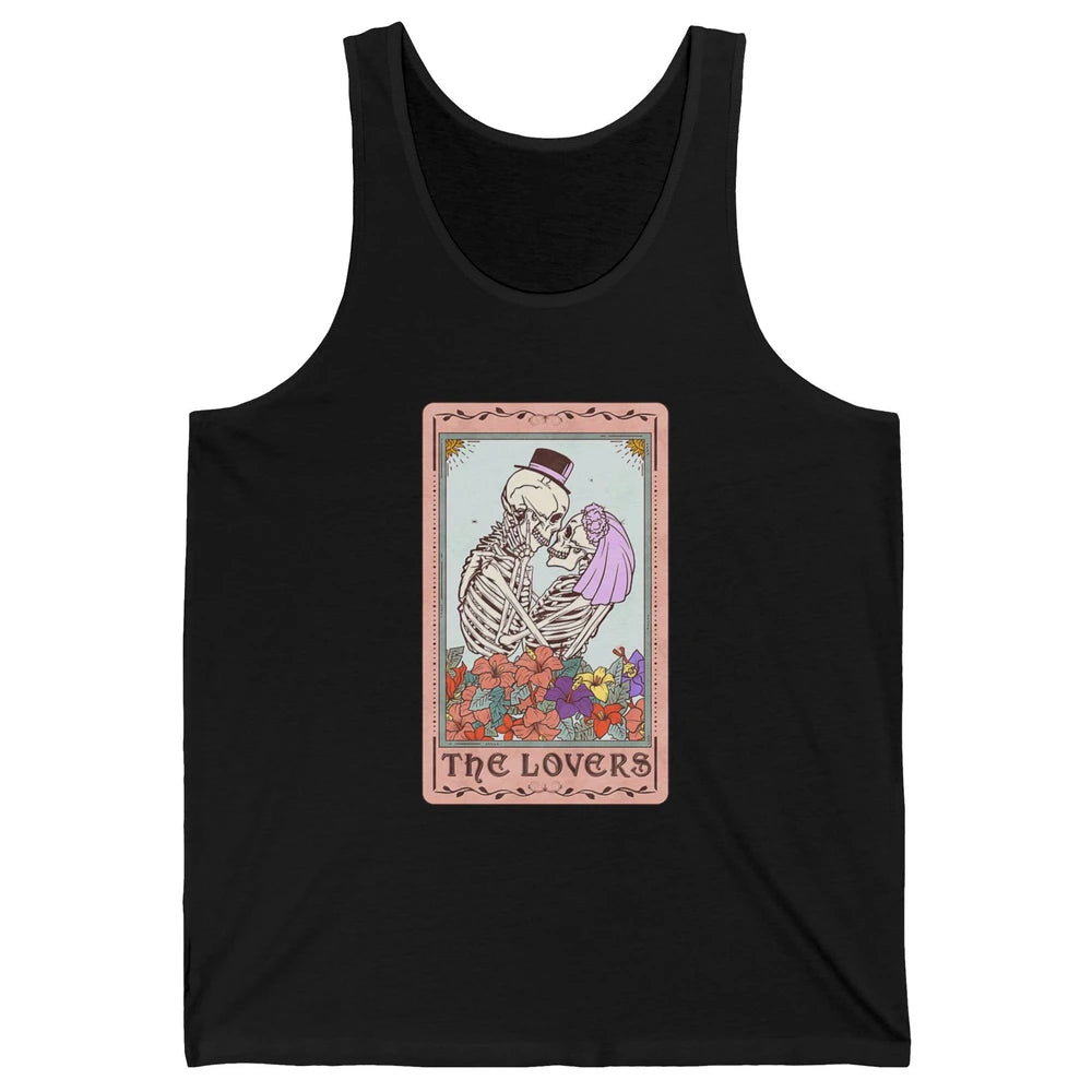 The Lovers Funny Skeleton Couple Tarot Card Vintage Valentine Astrology Goth Skull Lover Floral Heart Unisex Jersey Tank
