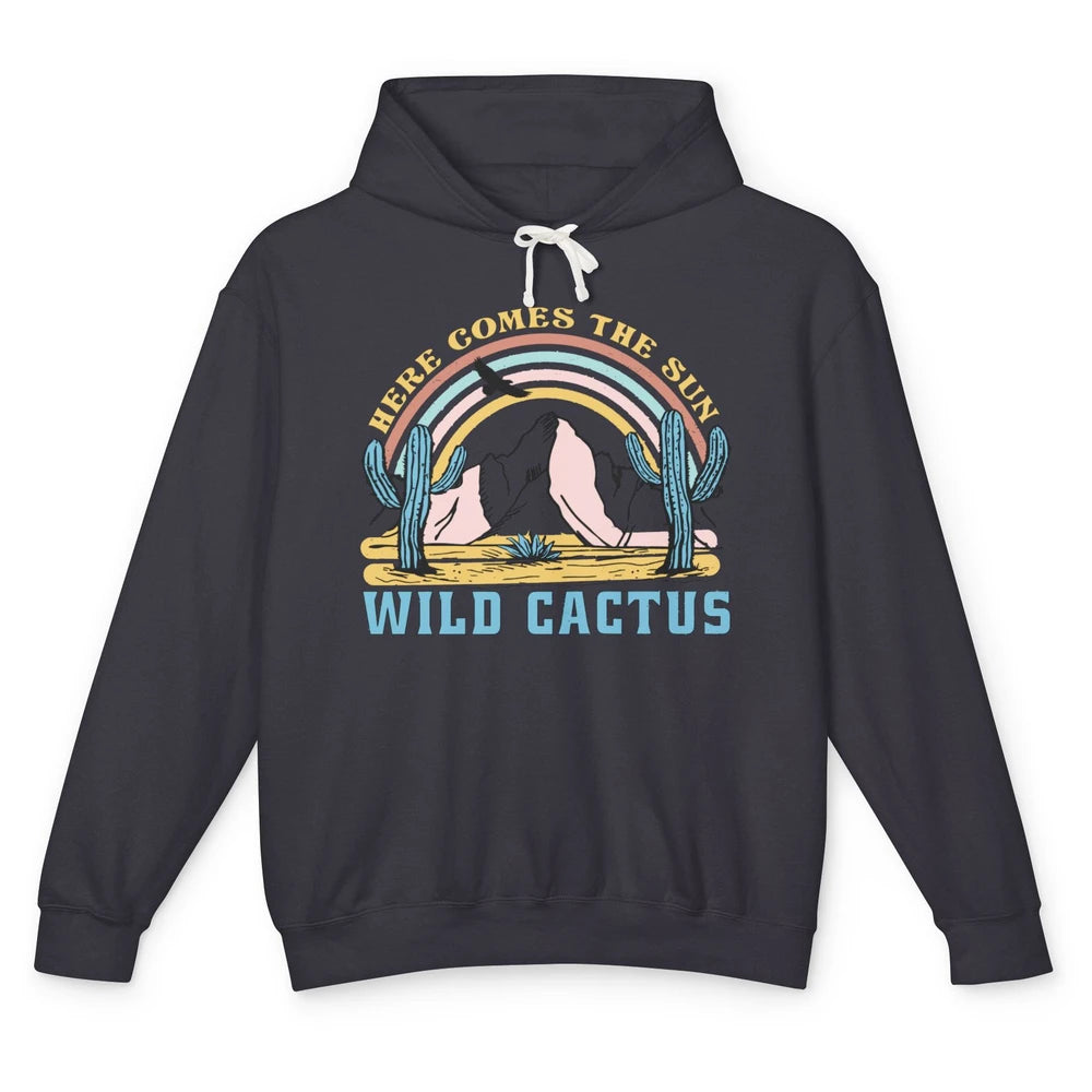Retro Rainbow Here Come The Sun Wild cactus Desert Western Unisex Lightweight Hoodie