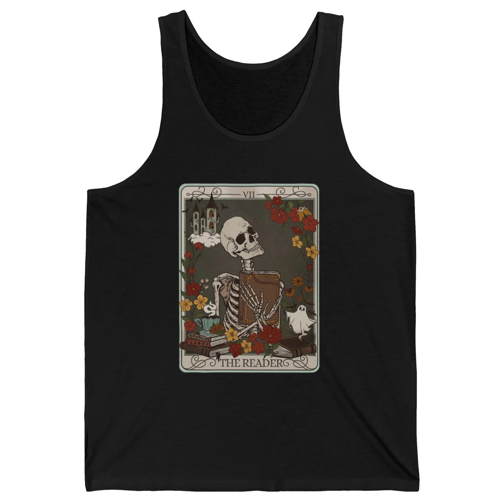 Retro Skeleton Reading Books The Reader Tarot Card Halloween Unisex Jersey Tank