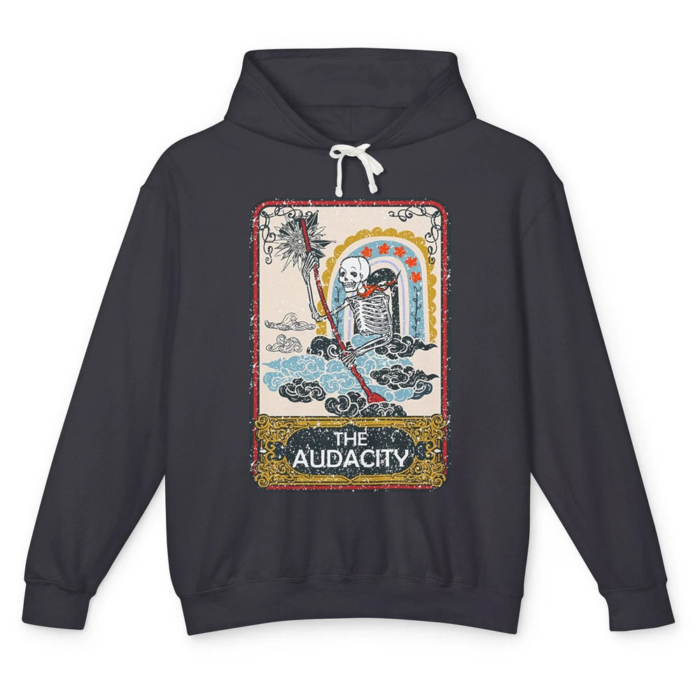 Retro Skeleton Riding Clouds Rainbow The Audacity Tarot Card Unisex Lightweight Hoodie
