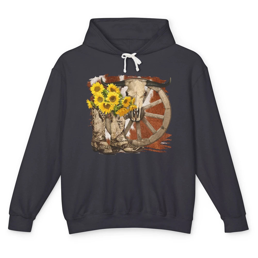 Retro Sunflower Cowgirl Boots Cow Skull Western Country Girl Unisex Lightweight Hoodie