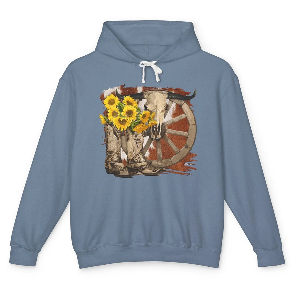 Retro Sunflower Cowgirl Boots Cow Skull Western Country Girl Unisex Lightweight Hoodie