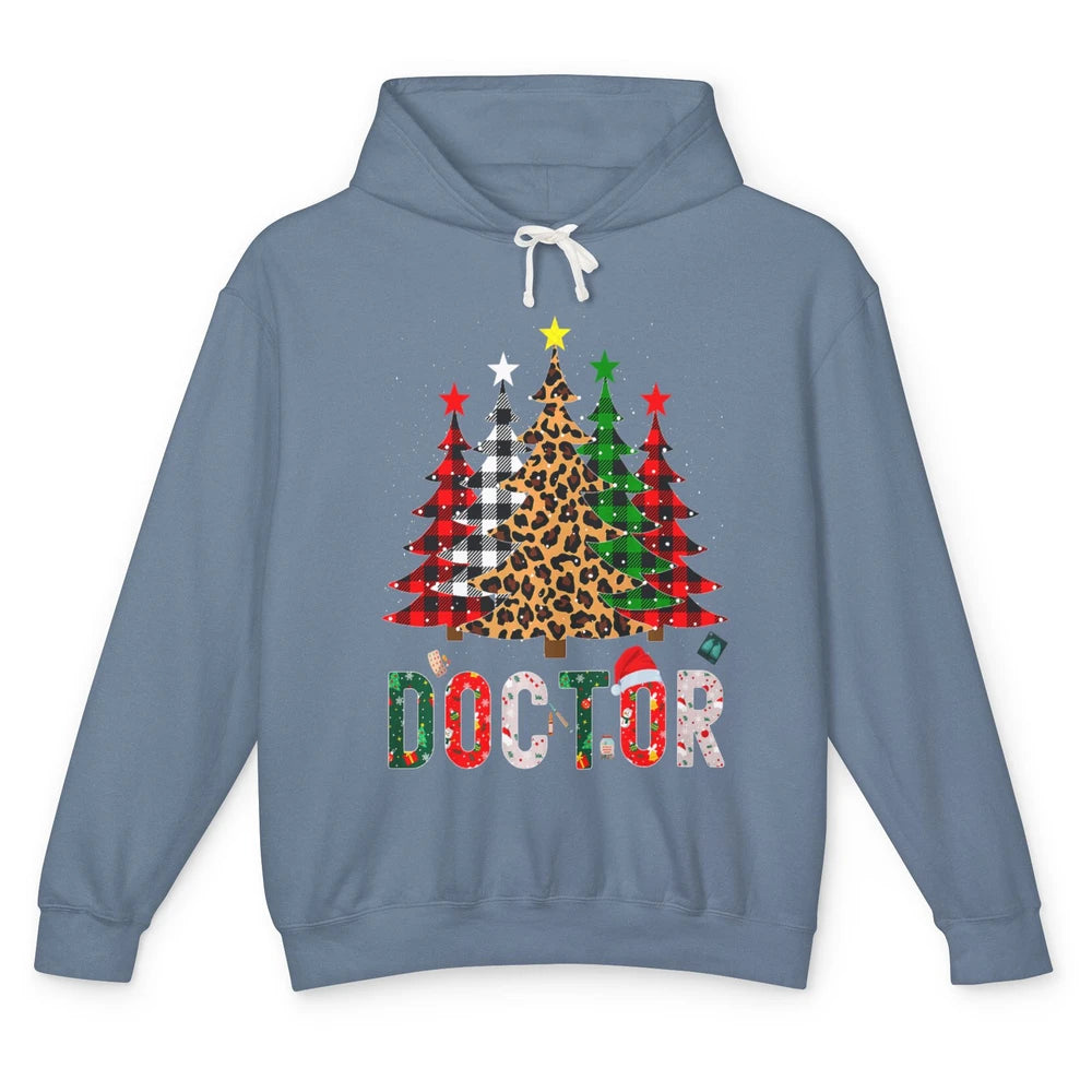 Merry Christmas Doctor Leopard Buffalo Plaid Xmas Pine Tree Unisex Lightweight Hoodie