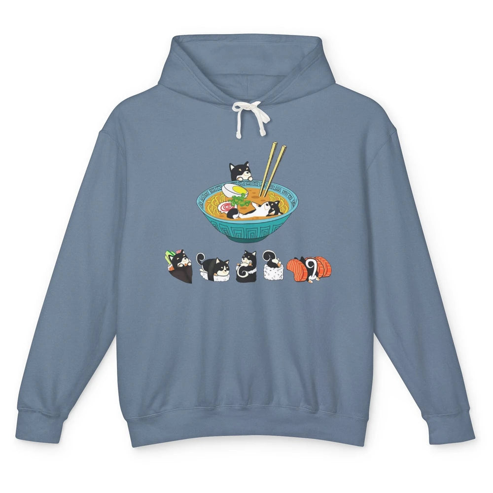 Funny Black Shiba Inu Sushi Ramen Bowl Japanese Kawaii Dog Unisex Lightweight Hoodie