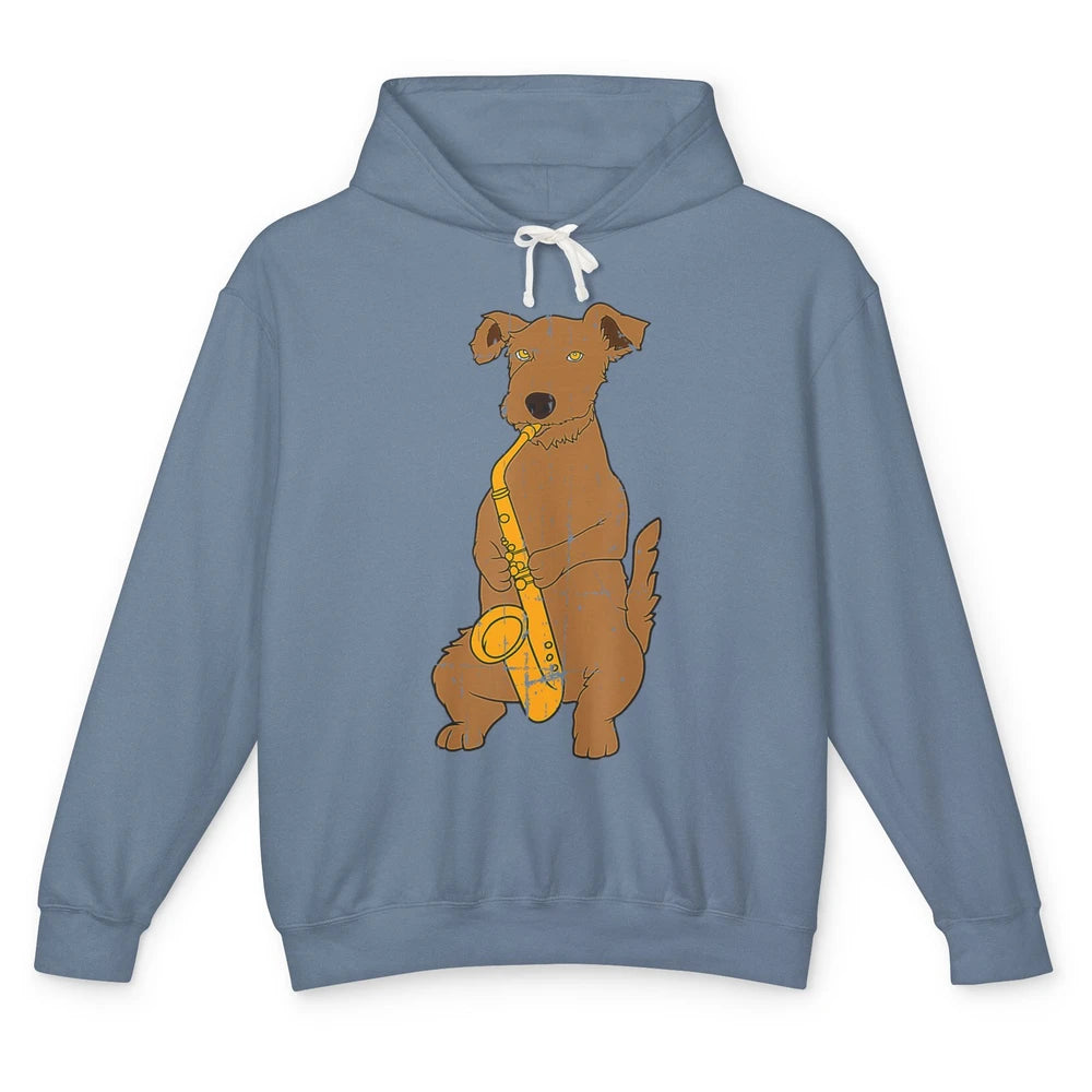 Funny Dog Vintage Jazz Puppy Musician Musical Note Saxophone Unisex Lightweight Hoodie
