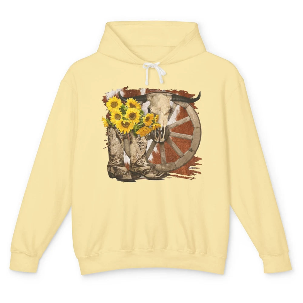 Retro Sunflower Cowgirl Boots Cow Skull Western Country Girl Unisex Lightweight Hoodie