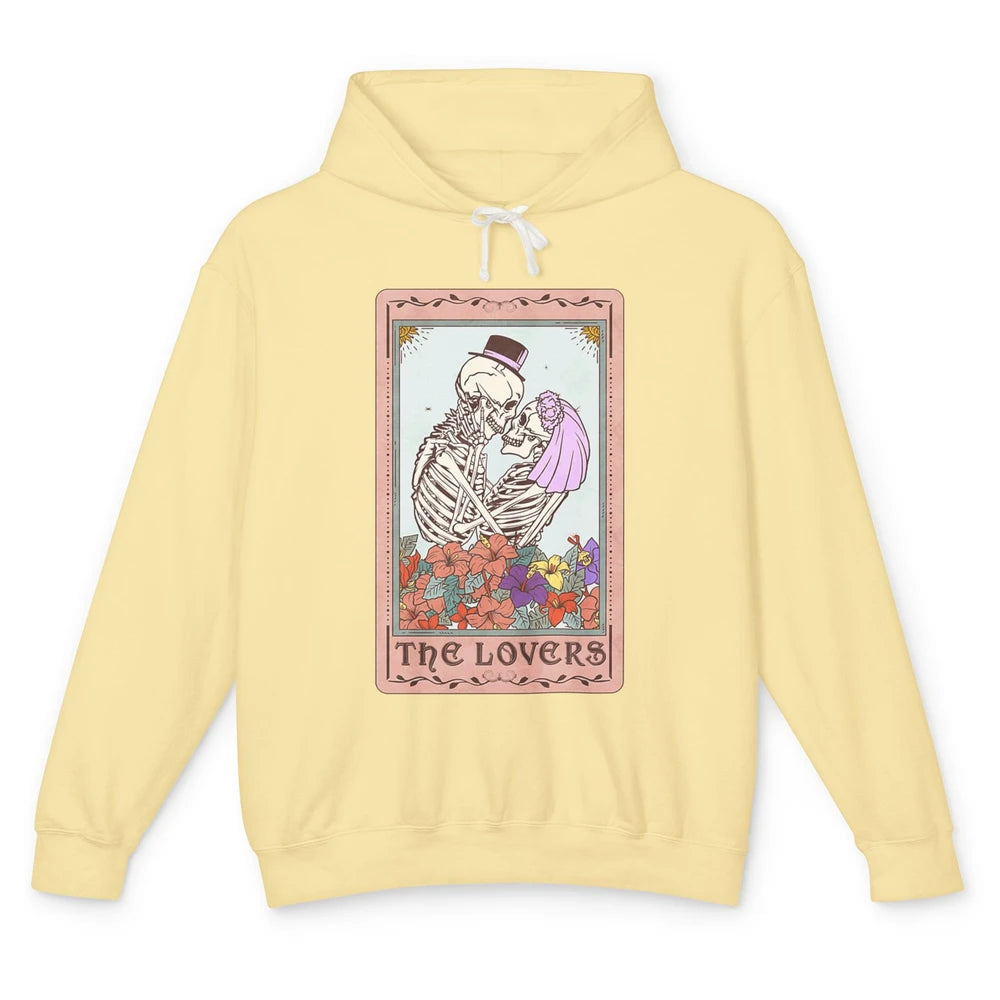 The Lovers Funny Skeleton Couple Tarot Card Vintage Valentine Astrology Goth Skull Lover Floral Heart Unisex Lightweight Hoodie